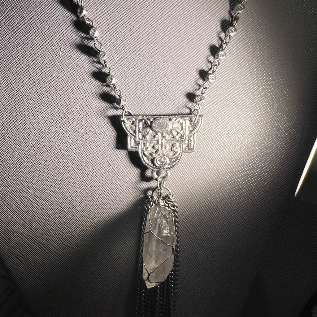 Unique Bargains Long Silvertone Crystal Pendant Necklace